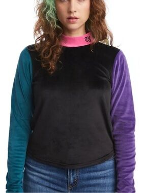 Teddy Fresh Velvet Colorblock Long Sleeve Top - Black with Teal, Purple & Pink